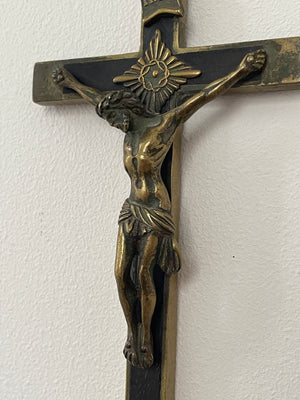 Antique French Brass and Ebonised Wood Crucifix – Cast Corpus Christi and Sacred Heart Motifs (c.19th Century)