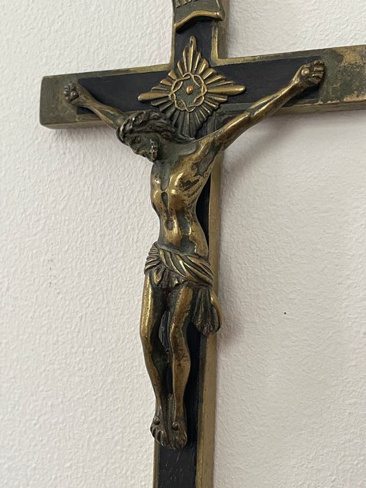 Antique French Brass and Ebonised Wood Crucifix – Cast Corpus Christi and Sacred Heart Motifs (c.19th Century)