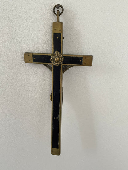 Antique French Brass and Ebonised Wood Crucifix – Cast Corpus Christi and Sacred Heart Motifs (c.19th Century)