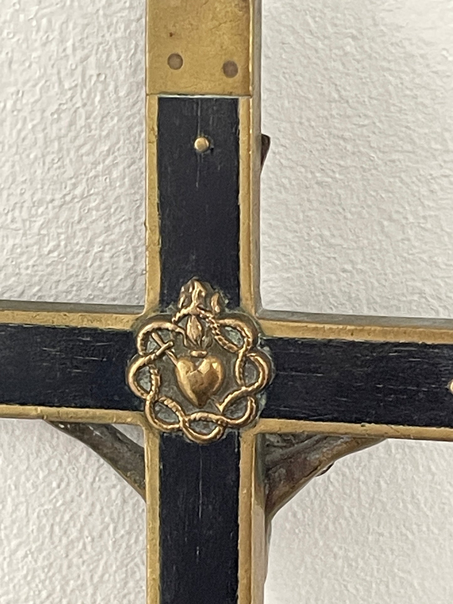 Antique French Brass and Ebonised Wood Crucifix – Cast Corpus Christi and Sacred Heart Motifs (c.19th Century)