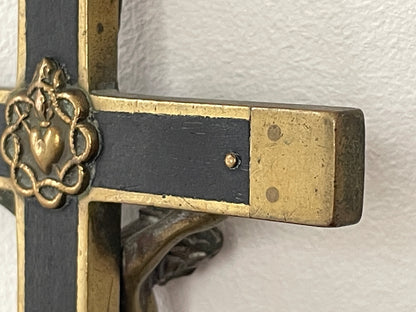 Antique French Brass and Ebonised Wood Crucifix – Cast Corpus Christi and Sacred Heart Motifs (c.19th Century)