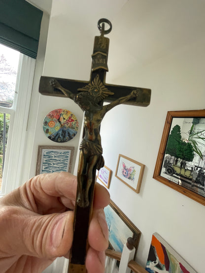 Antique French Brass and Ebonised Wood Crucifix – Cast Corpus Christi and Sacred Heart Motifs (c.19th Century)