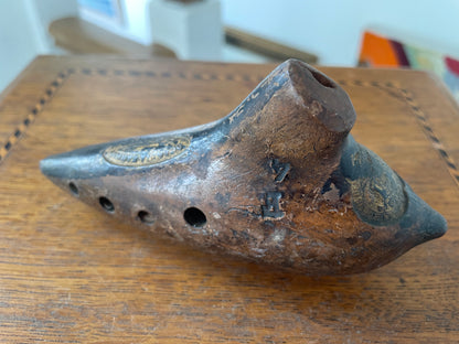 Antique Austrian Clay Ocarina – H. Fiehn ‘F 4’ Model with Original Factory Labels (c.1880–1920)