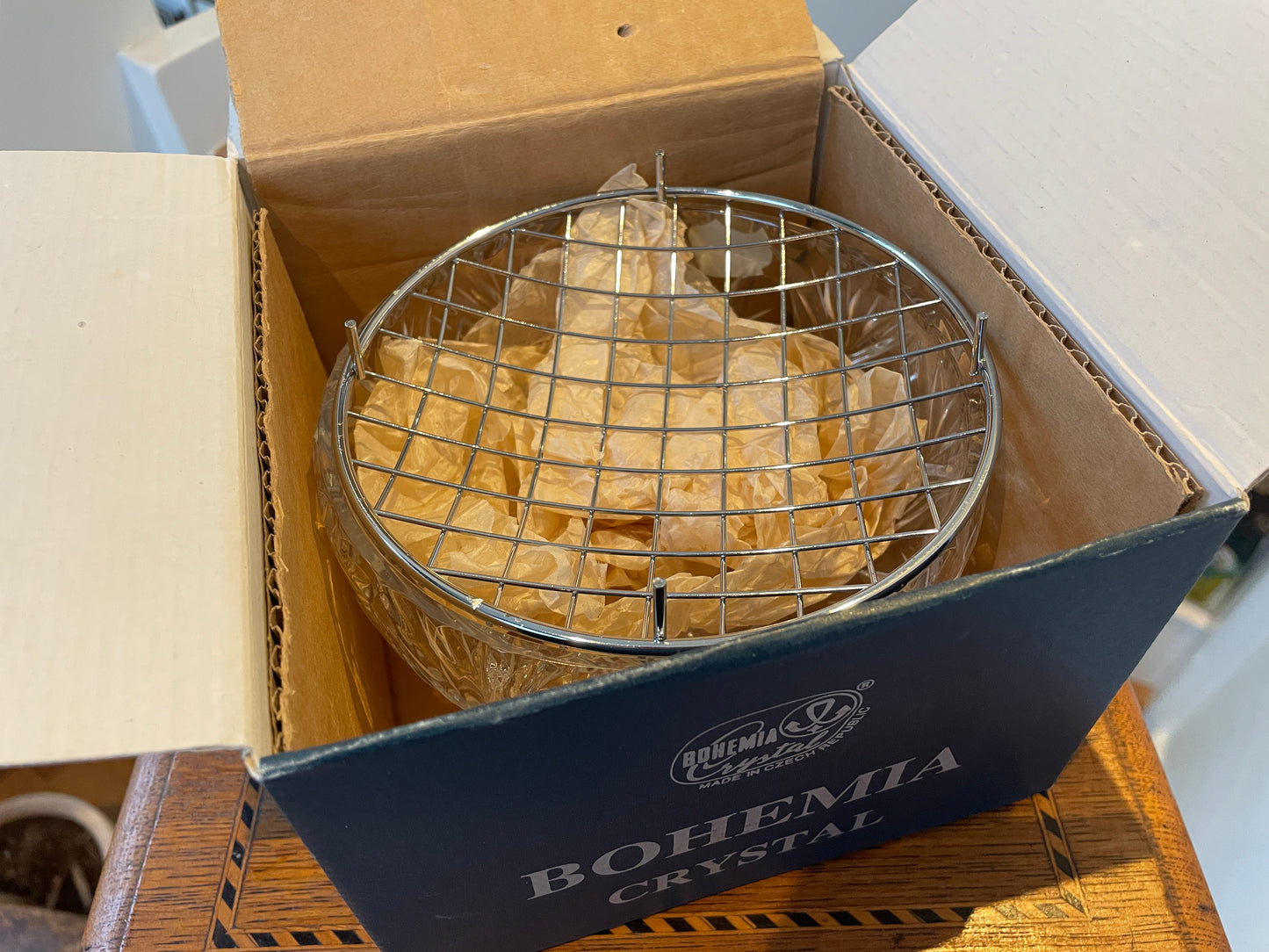 Antique Czech Lead Crystal Rose Bowl – Hand-Cut Bohemia Crystal with Flower Arranger Grid (c.20th Century)