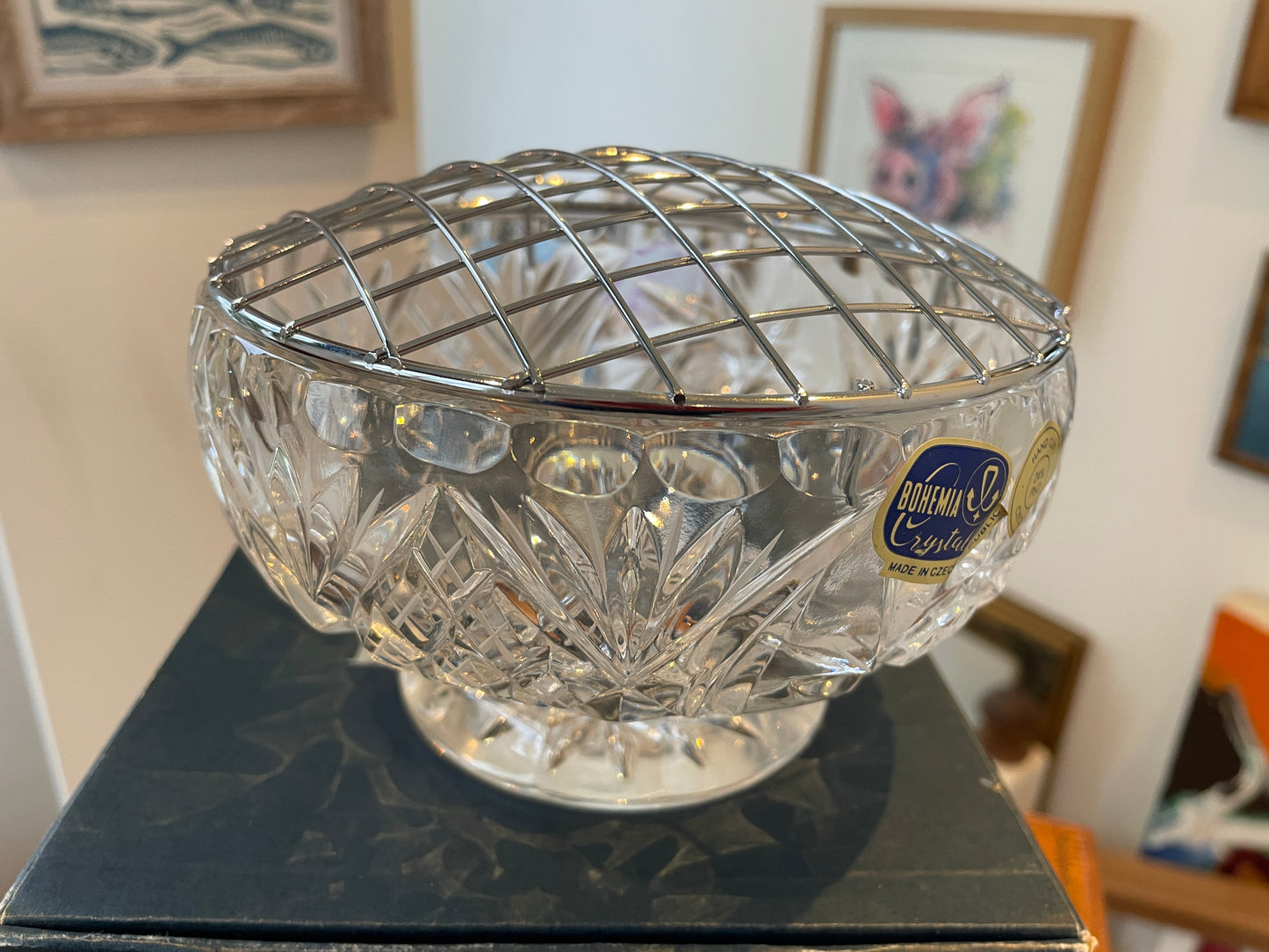 Antique Czech Lead Crystal Rose Bowl – Hand-Cut Bohemia Crystal with Flower Arranger Grid (c.20th Century)