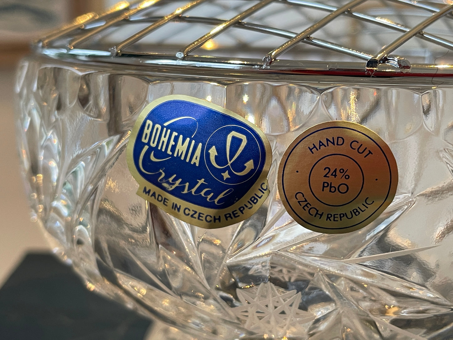 Antique Czech Lead Crystal Rose Bowl – Hand-Cut Bohemia Crystal with Flower Arranger Grid (c.20th Century)