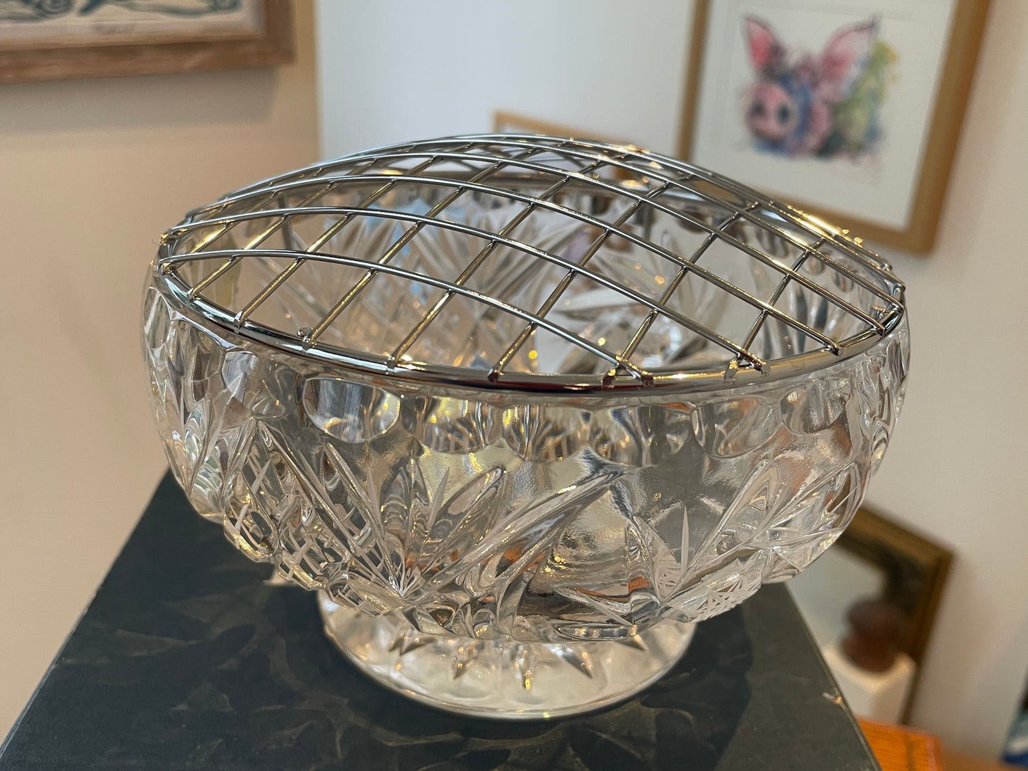 Antique Czech Lead Crystal Rose Bowl – Hand-Cut Bohemia Crystal with Flower Arranger Grid (c.20th Century)