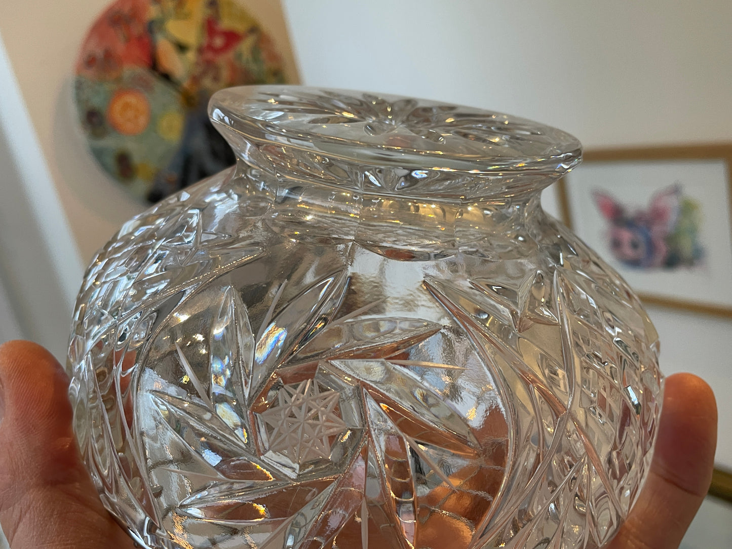 Antique Czech Lead Crystal Rose Bowl – Hand-Cut Bohemia Crystal with Flower Arranger Grid (c.20th Century)