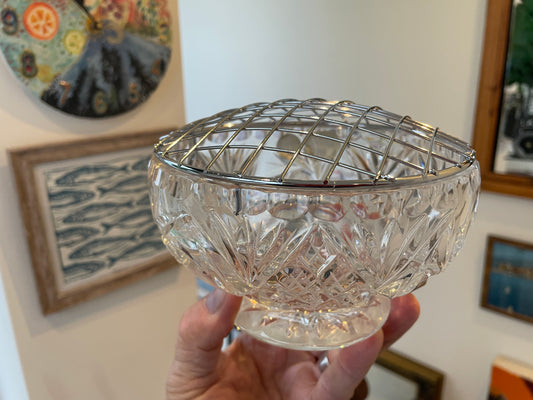 Antique Czech Lead Crystal Rose Bowl – Hand-Cut Bohemia Crystal with Flower Arranger Grid (c.20th Century)