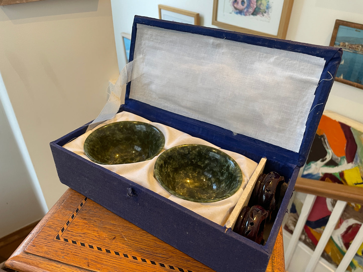 Antique Chinese Jade Bowls – Pair of Polished Spinach-Green Jade Cups on Hardwood Stands (c.20th Century)