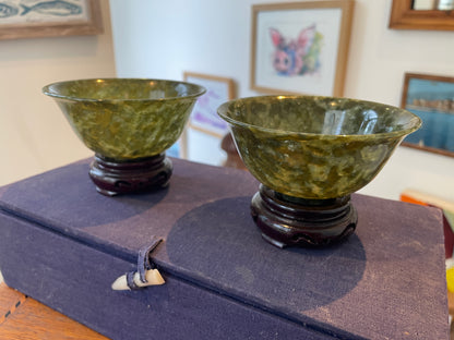 Antique Chinese Jade Bowls – Pair of Polished Spinach-Green Jade Cups on Hardwood Stands (c.20th Century)