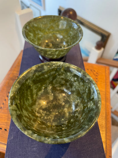 Antique Chinese Jade Bowls – Pair of Polished Spinach-Green Jade Cups on Hardwood Stands (c.20th Century)