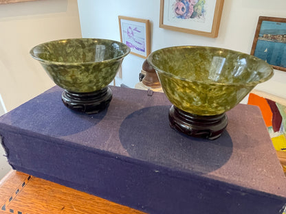 Antique Chinese Jade Bowls – Pair of Polished Spinach-Green Jade Cups on Hardwood Stands (c.20th Century)