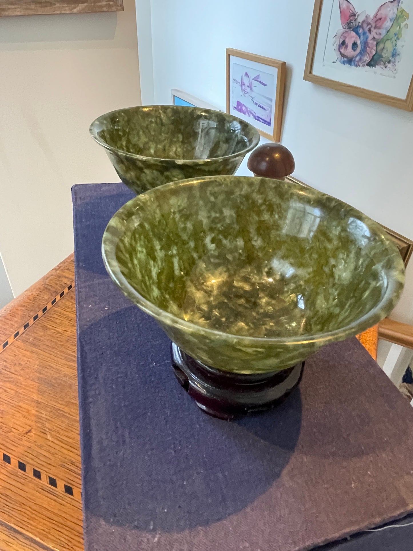 Antique Chinese Jade Bowls – Pair of Polished Spinach-Green Jade Cups on Hardwood Stands (c.20th Century)