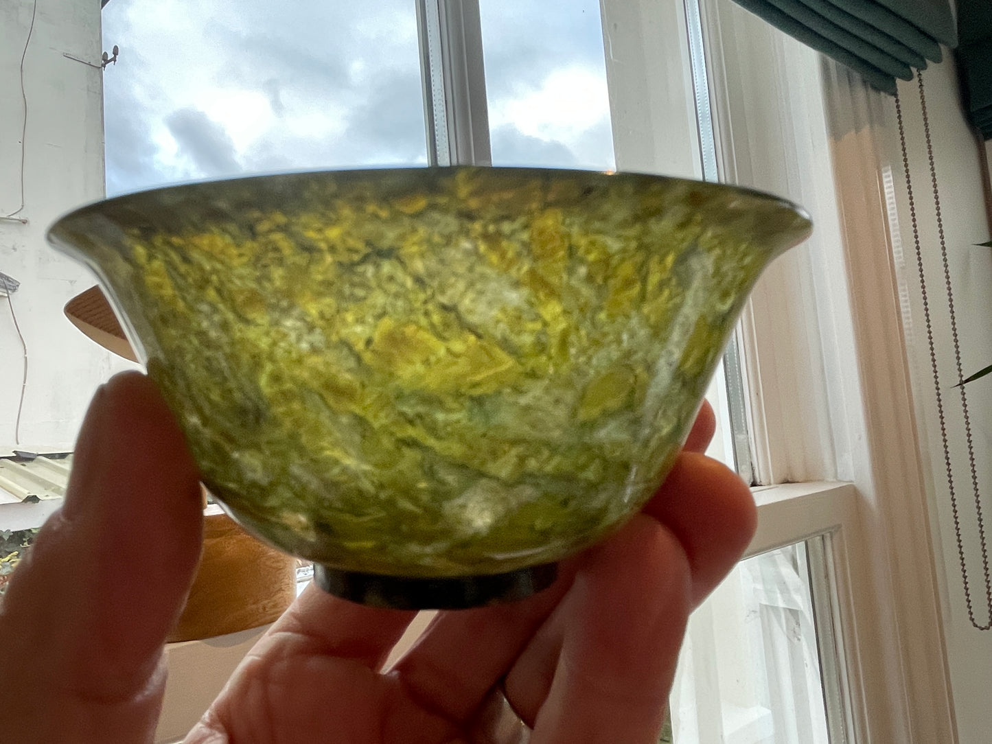 Antique Chinese Jade Bowls – Pair of Polished Spinach-Green Jade Cups on Hardwood Stands (c.20th Century)