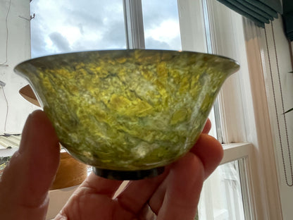 Antique Chinese Jade Bowls – Pair of Polished Spinach-Green Jade Cups on Hardwood Stands (c.20th Century)