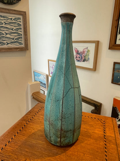 Studio Pottery Raku Vase – Turquoise Crackle Glaze, Signed Roy Fritchley, Rye & France (c.1960s–80s)
