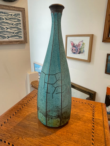 Studio Pottery Raku Vase – Turquoise Crackle Glaze, Signed Roy Fritchley, Rye & France (c.1960s–80s)