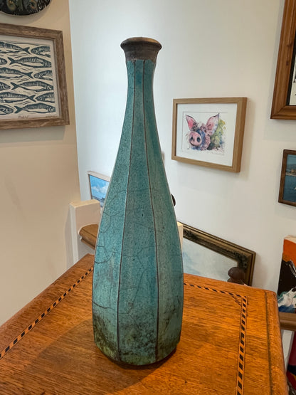 Studio Pottery Raku Vase – Turquoise Crackle Glaze, Signed Roy Fritchley, Rye & France (c.1960s–80s)
