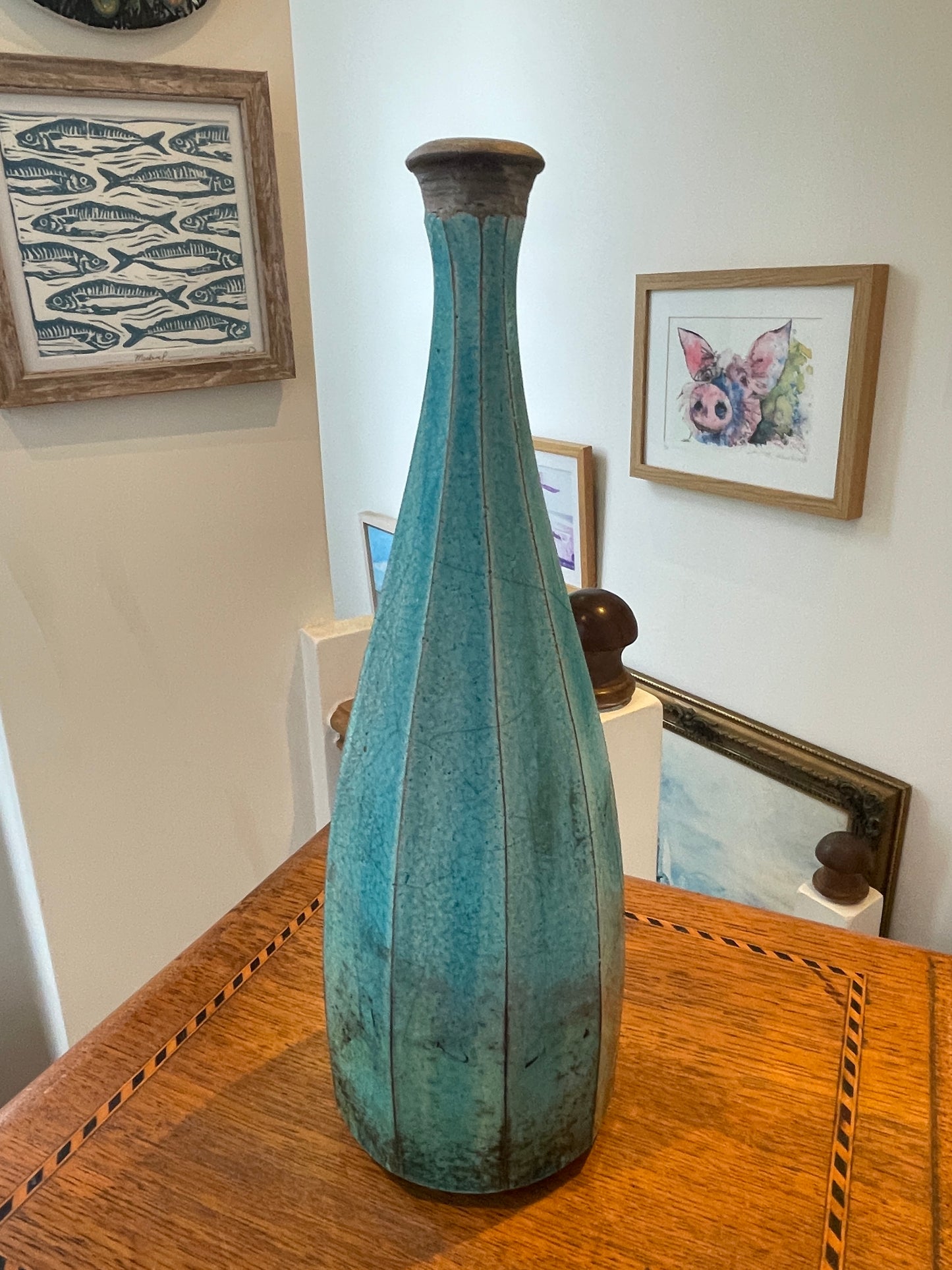 Studio Pottery Raku Vase – Turquoise Crackle Glaze, Signed Roy Fritchley, Rye & France (c.1960s–80s)