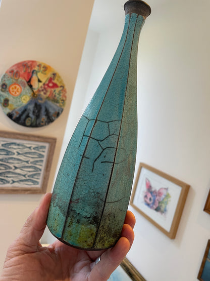 Studio Pottery Raku Vase – Turquoise Crackle Glaze, Signed Roy Fritchley, Rye & France (c.1960s–80s)