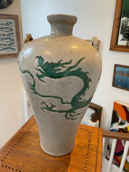 Antique Chinese Crackle-Glazed Vase – Applied Green Dragon with Loop Handles (c.1880–1910)