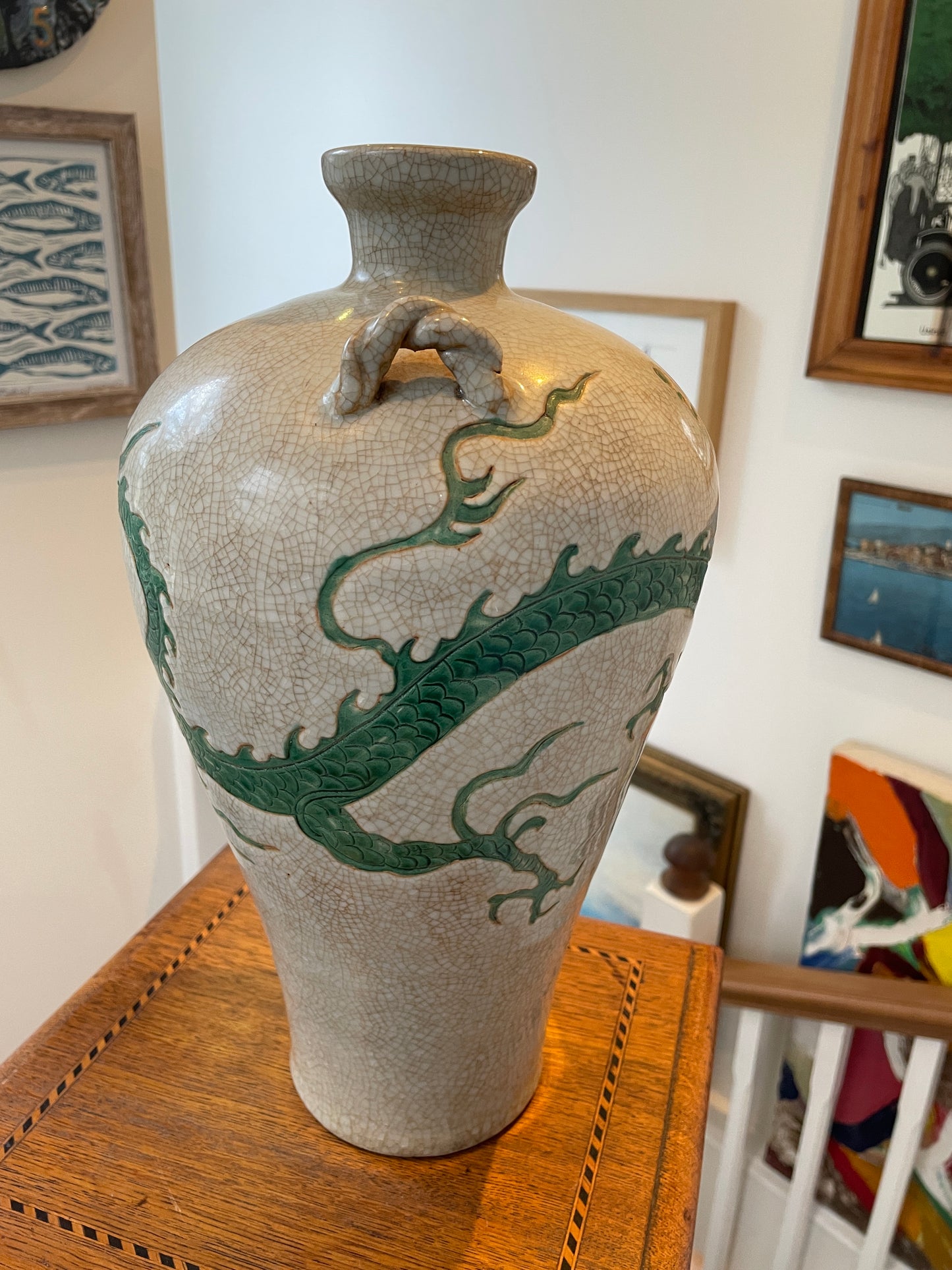 Antique Chinese Crackle-Glazed Vase – Applied Green Dragon with Loop Handles (c.1880–1910)