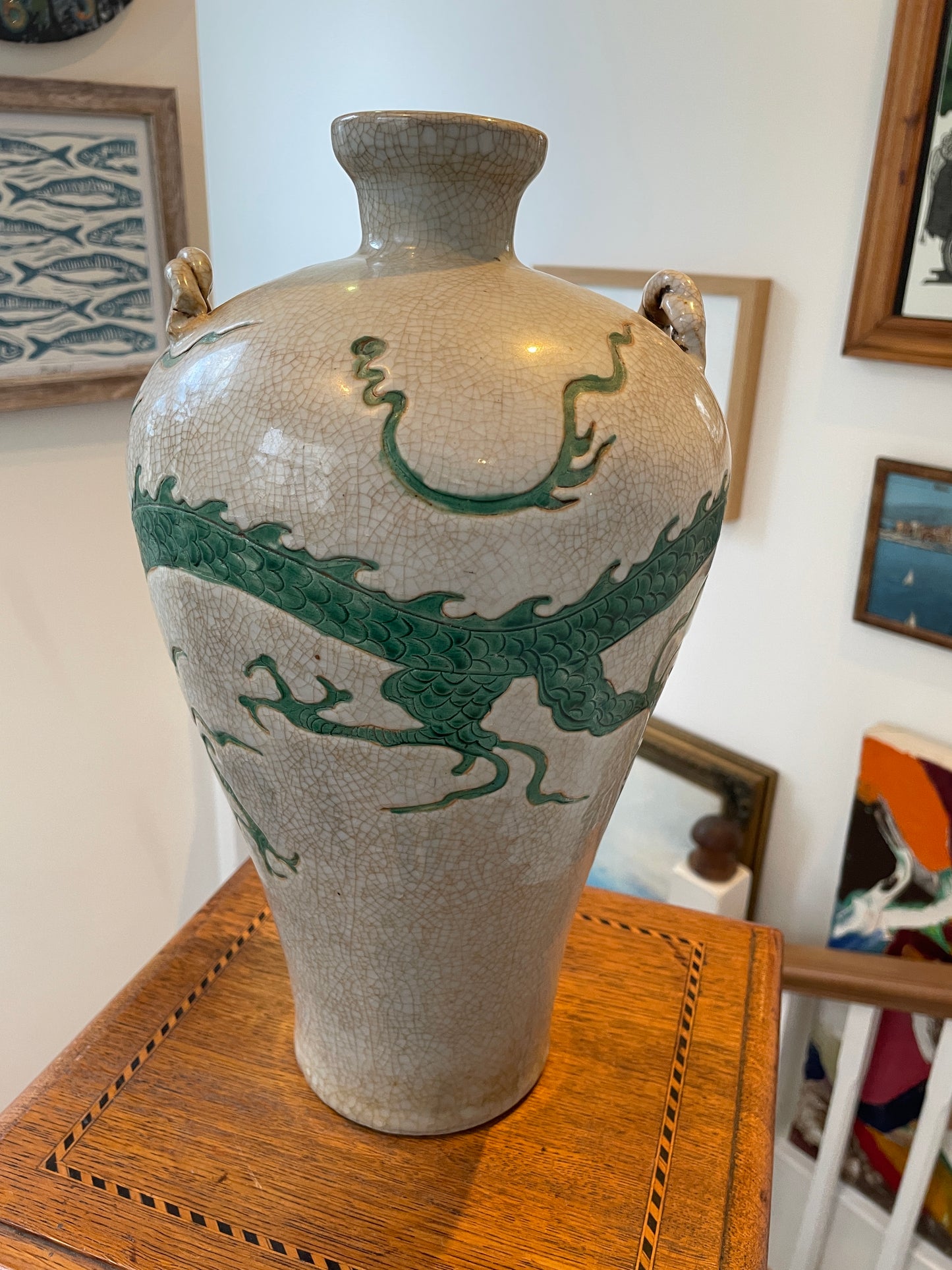 Antique Chinese Crackle-Glazed Vase – Applied Green Dragon with Loop Handles (c.1880–1910)