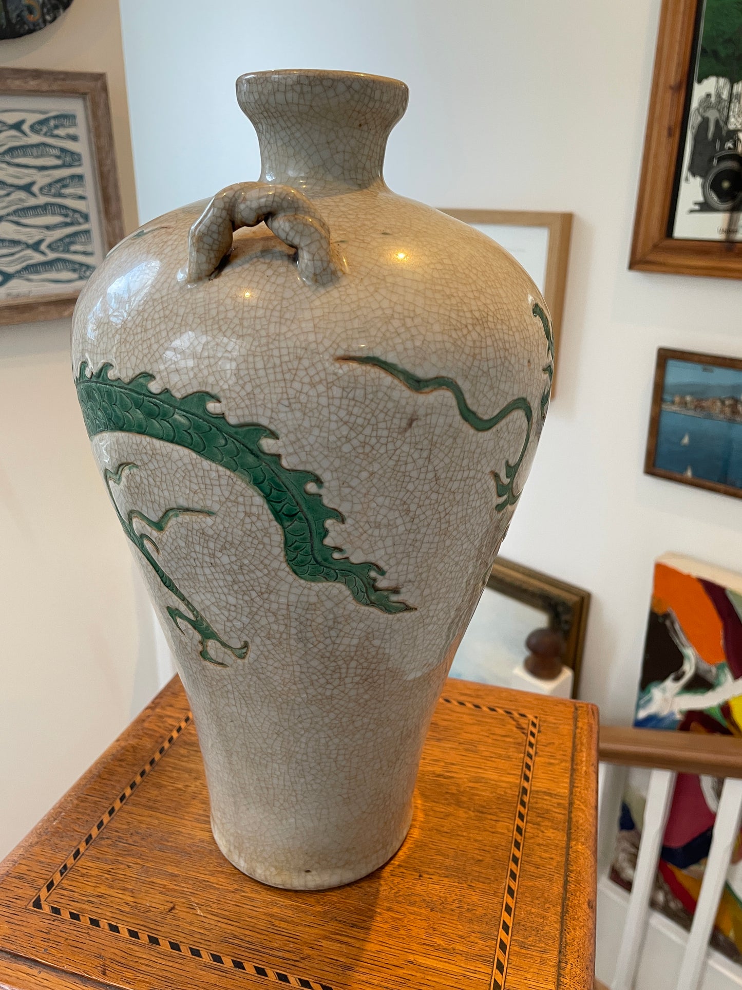 Antique Chinese Crackle-Glazed Vase – Applied Green Dragon with Loop Handles (c.1880–1910)