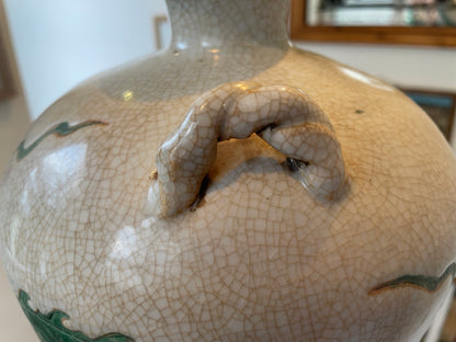 Antique Chinese Crackle-Glazed Vase – Applied Green Dragon with Loop Handles (c.1880–1910)