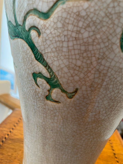 Antique Chinese Crackle-Glazed Vase – Applied Green Dragon with Loop Handles (c.1880–1910)