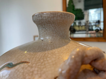 Antique Chinese Crackle-Glazed Vase – Applied Green Dragon with Loop Handles (c.1880–1910)