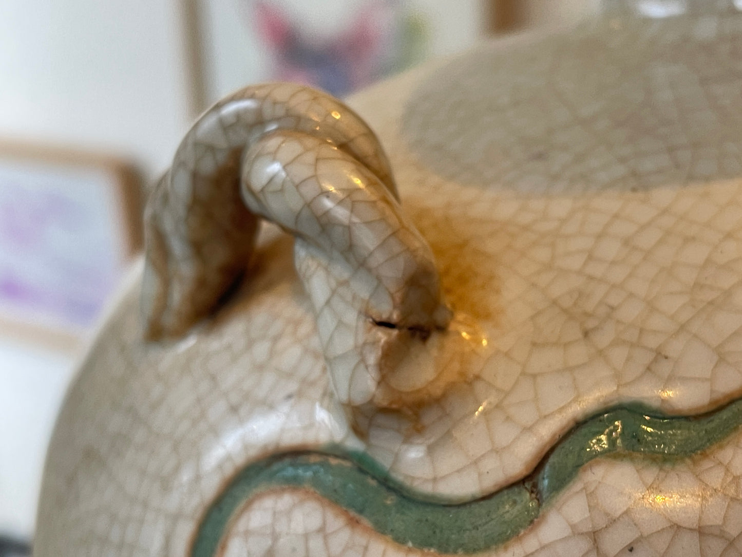 Antique Chinese Crackle-Glazed Vase – Applied Green Dragon with Loop Handles (c.1880–1910)