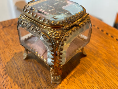Antique French Bevelled Glass Souvenir Casket – “La Cathédrale de Reims Avant Guerre” Gilt Metal Trinket Box (c.1900–1914)