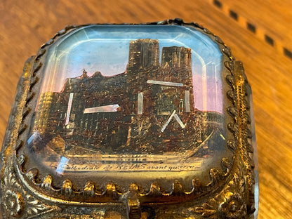 Antique French Bevelled Glass Souvenir Casket – “La Cathédrale de Reims Avant Guerre” Gilt Metal Trinket Box (c.1900–1914)