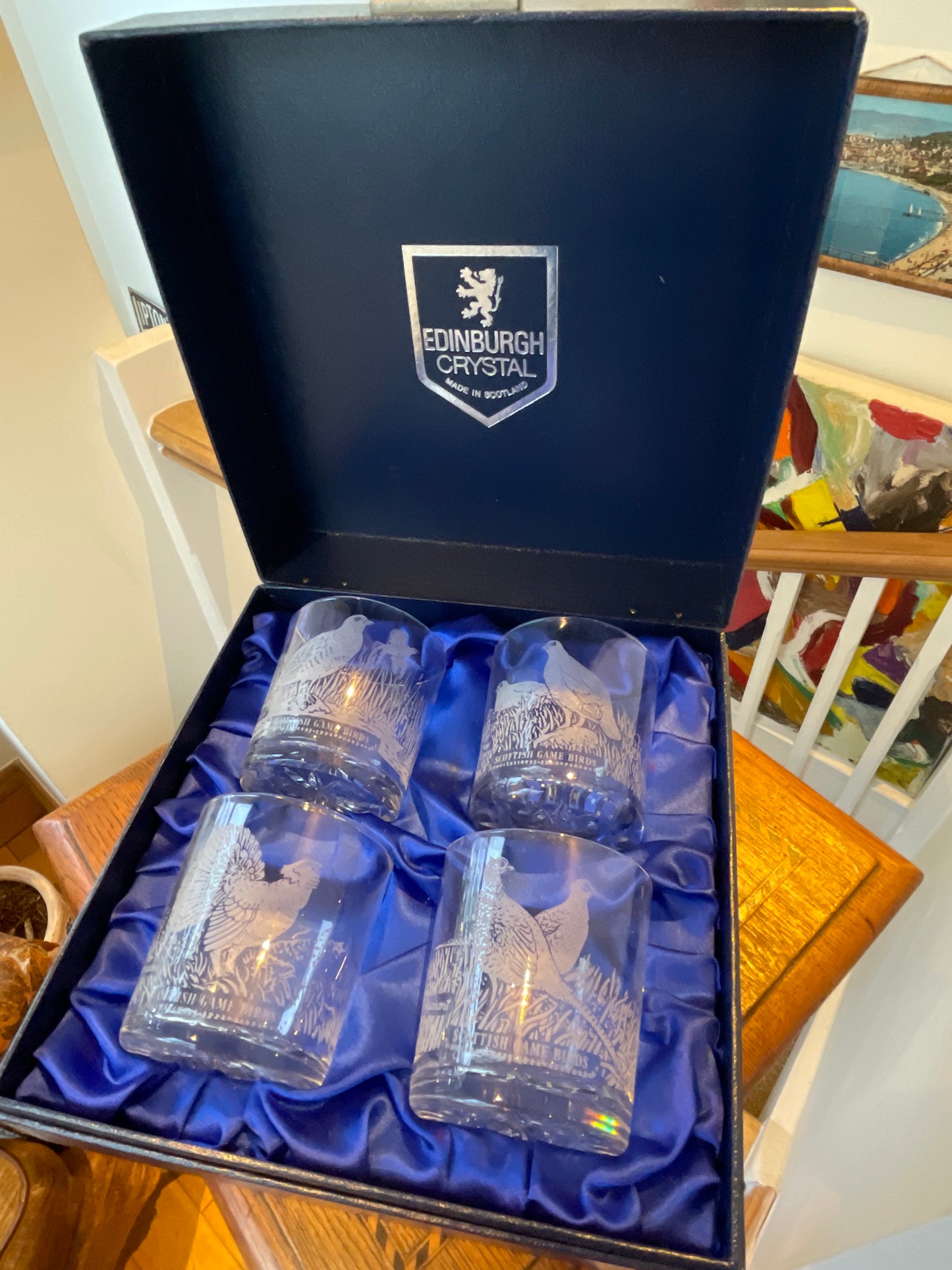 Vintage Scottish Edinburgh Crystal Whisky Tumblers – “Scottish Game Birds” Engraved Cut Crystal Set of Four (c.1980s–1990s)
