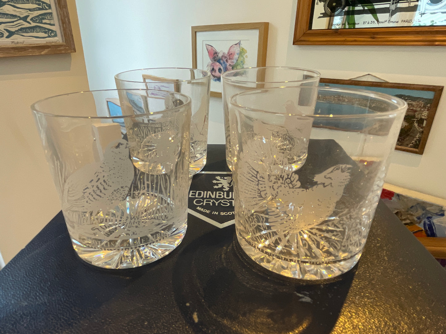 Vintage Scottish Edinburgh Crystal Whisky Tumblers – “Scottish Game Birds” Engraved Cut Crystal Set of Four (c.1980s–1990s)