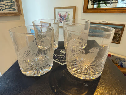 Vintage Scottish Edinburgh Crystal Whisky Tumblers – “Scottish Game Birds” Engraved Cut Crystal Set of Four (c.1980s–1990s)