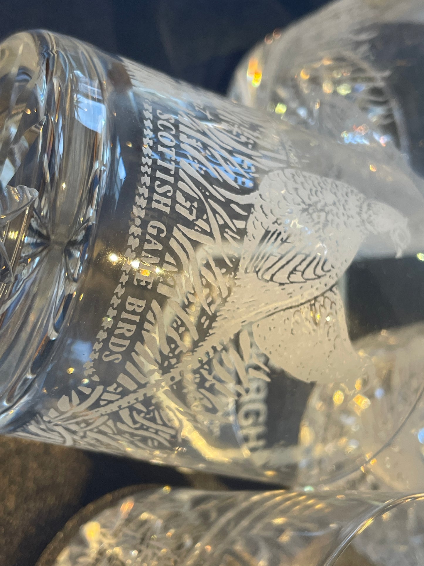 Vintage Scottish Edinburgh Crystal Whisky Tumblers – “Scottish Game Birds” Engraved Cut Crystal Set of Four (c.1980s–1990s)