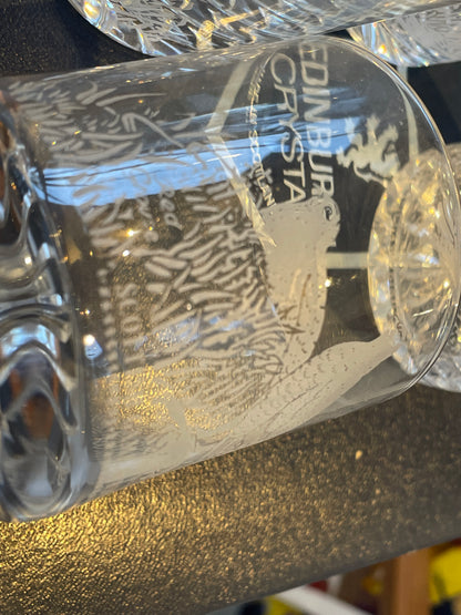 Vintage Scottish Edinburgh Crystal Whisky Tumblers – “Scottish Game Birds” Engraved Cut Crystal Set of Four (c.1980s–1990s)
