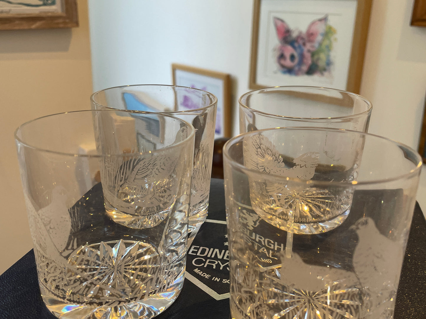 Vintage Scottish Edinburgh Crystal Whisky Tumblers – “Scottish Game Birds” Engraved Cut Crystal Set of Four (c.1980s–1990s)