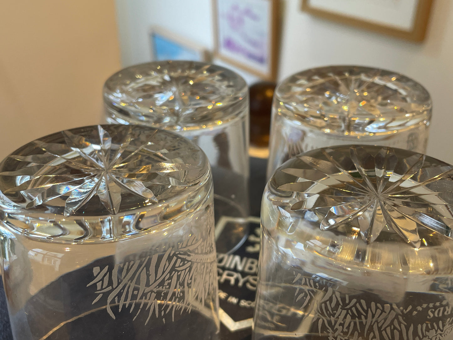 Vintage Scottish Edinburgh Crystal Whisky Tumblers – “Scottish Game Birds” Engraved Cut Crystal Set of Four (c.1980s–1990s)