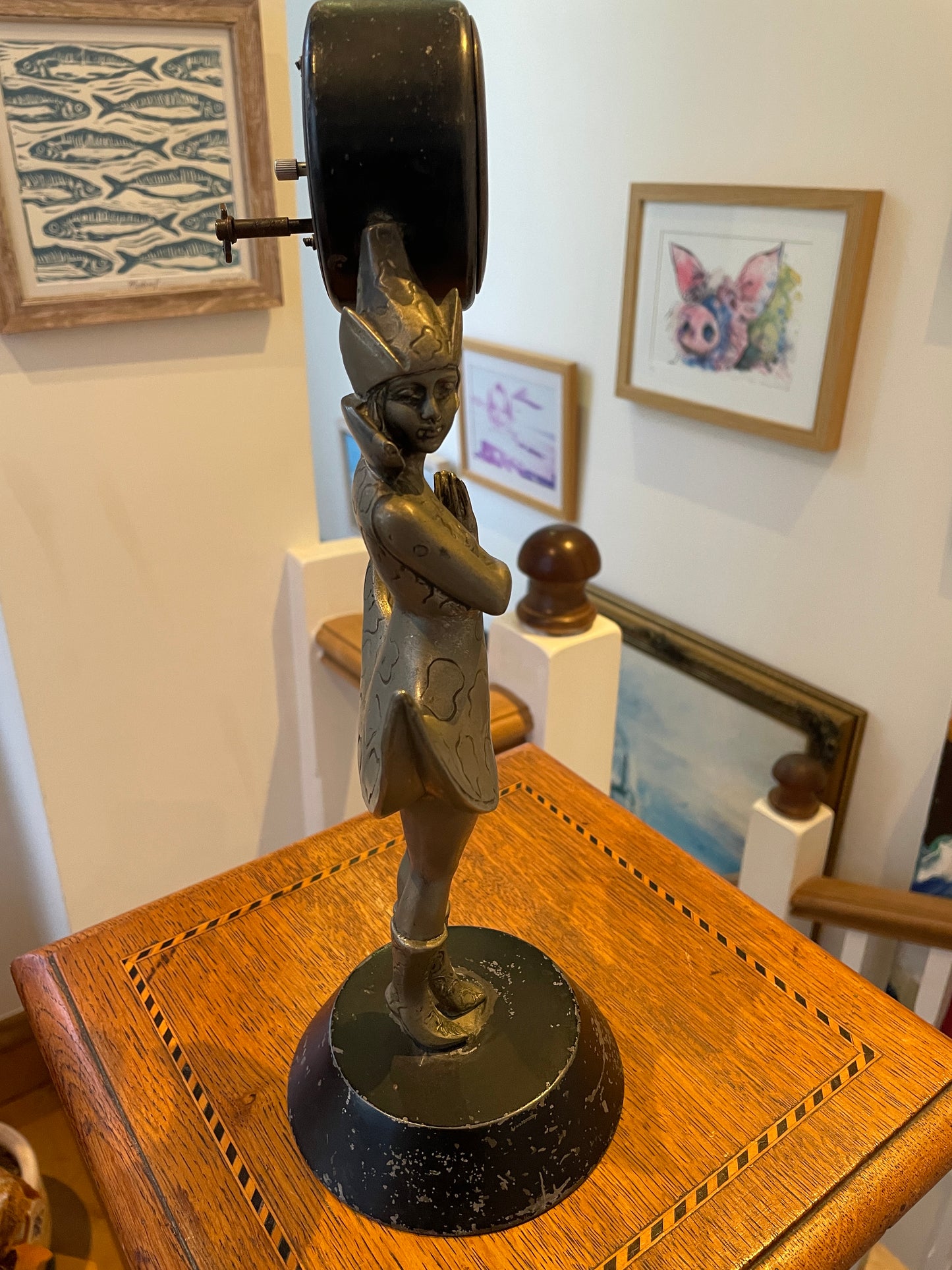Antique German Art Deco Figural Clock – Dancing Girl with Crescent Skirt, Cast Metal with FMS Mauthe Movement (c.1930s–40s)