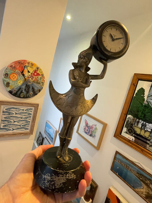 Antique German Art Deco Figural Clock – Dancing Girl with Crescent Skirt, Cast Metal with FMS Mauthe Movement (c.1930s–40s)
