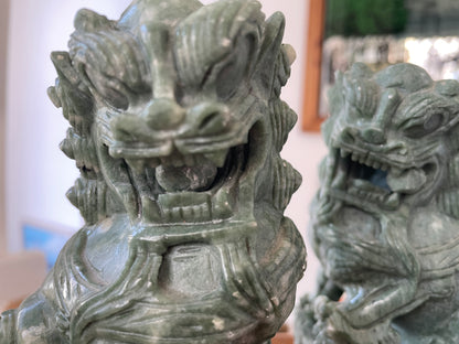 Chinese Green Hardstone Guardian Lions – Hand-Carved Pair with Rotating Ball (c.20th Century)