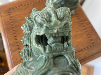 Chinese Green Hardstone Guardian Lions – Hand-Carved Pair with Rotating Ball (c.20th Century)