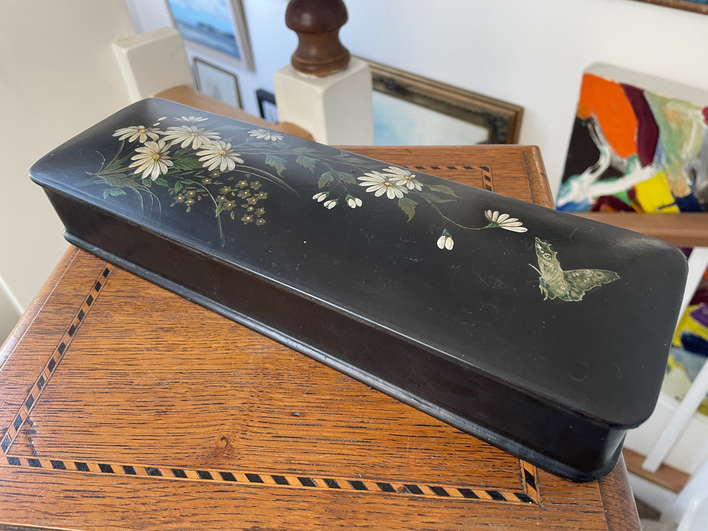 Antique Russian-Style Black Lacquer Box – Hand-Painted Daisies & Butterfly (c.20th Century)