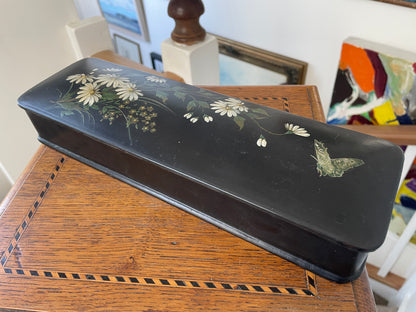 Antique Russian-Style Black Lacquer Box – Hand-Painted Daisies & Butterfly (c.20th Century)