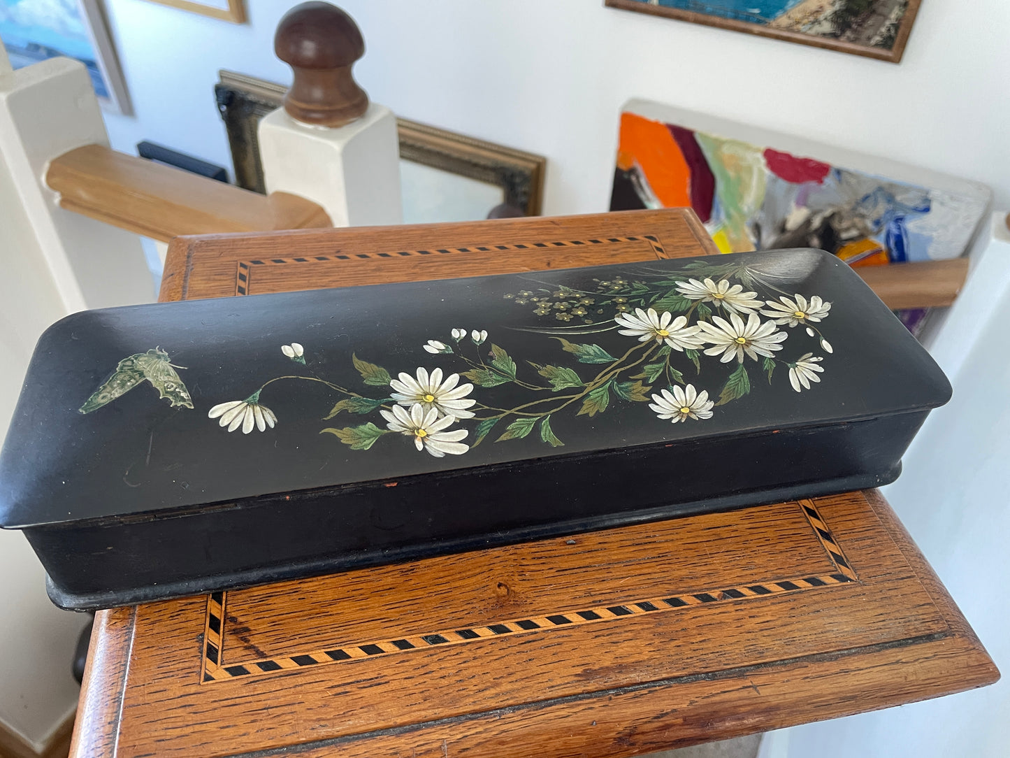 Antique Russian-Style Black Lacquer Box – Hand-Painted Daisies & Butterfly (c.20th Century)