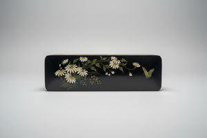Antique Russian-Style Black Lacquer Box – Hand-Painted Daisies & Butterfly (c.20th Century)